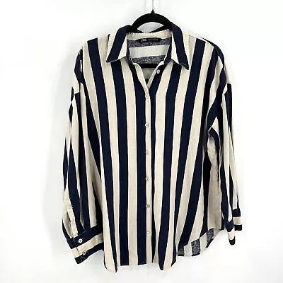 ZARA Cream Navy Blue Linen Striped Button Up Long Sleeve Boxy Blouse Top Small • $38