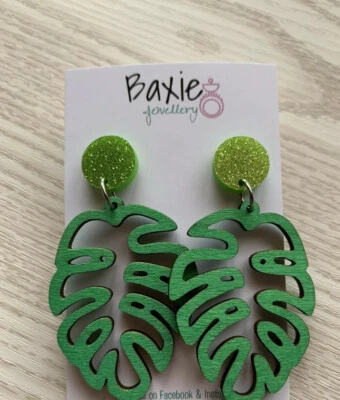 Monstera Leaf Earrings Glitter Acrylic & Green Wood Laser Cut Surgical Stud • $10