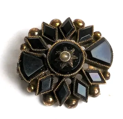 Small Antique Victorian 10K Gold Onyx Seed Pearl Mourning Pin Brooch Late 1800s • $99