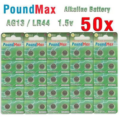 50 X PoundMax AG13 LR44 SR44 L1154 A76 1.5V ALKALINE BUTTON BATTERIES • £4.79