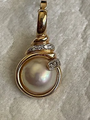 Vintage 14K GOLD MABE PEARL WITH DIAMONDS SLIDE PENDANT 14 MM PEARL • $535