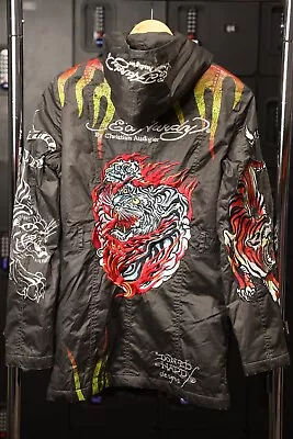 Vtg Ed Hardy For Avirex Black Leather Jacket Christian Audigier Tiger Small • $249.99