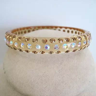 Vintage Acrylic Apple Juice Lucite Bangle Bracelet Aurora Borealis Rhinestones • $29.95