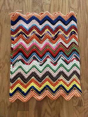 Vintage Afghan Pillow Cover Handmade Crochet Knit Boho Chevron Retro 27  X 22  • $20