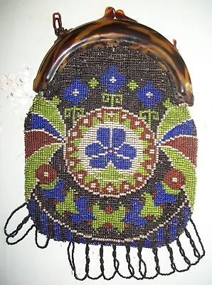 Antique Vintage Micro Beaded Bag Purse With Tortoise Frame & Fringe ~ Gorgeous • $30