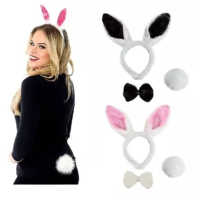 3Pc BUNNY RABBIT SET Headband Ears Tail Bow Tie Easter Halloween Hen Fancy Dress • £5.98