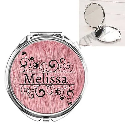 Personalised Name On Pink Fur Girly Handbag Pocket Makeup Compact Mirror • £5.99