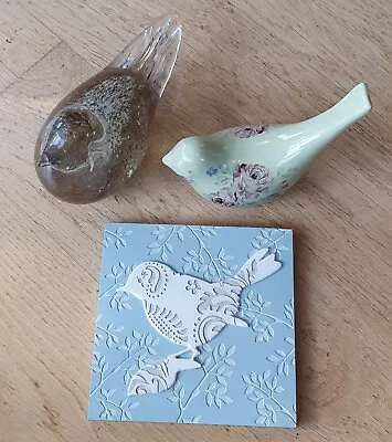 Bird Ornament Bundle Laura Ashley Tile Picture Glass Ceramic Bird Crackle Glaze • £3