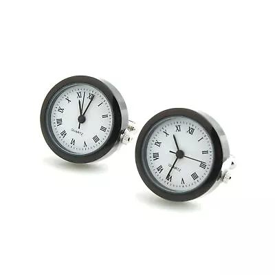 Mens Ladies Working Black Stainless Steel Clock Watch Cufflinks Wedding UK • £39.99