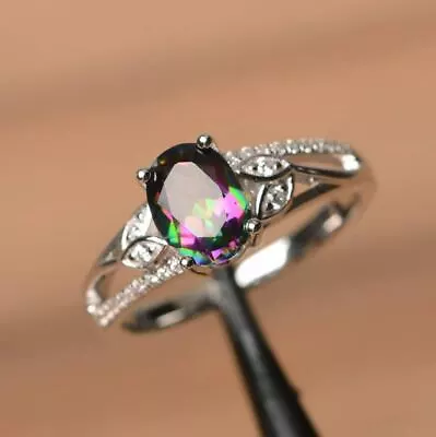 925 Sterling Silver 8*10 Mm Oval Cut Mystic Topaz Gemstone Leaf Ring • $34.99