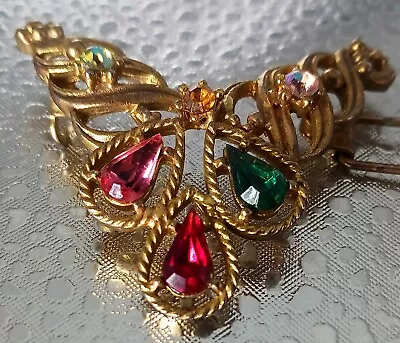 Vintage Gold Tone Hair Clip Barrete With 6 Various Colored Rhinestones  • $7