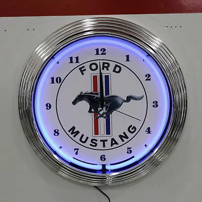 Ford Mustang Pony Logo Blue Neon Hanging Wall Clock: 15  Diameter: 8MUST1 • $89.99
