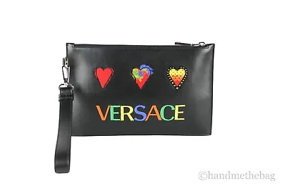 Versace Small Leather Embroidered Heart Patch Logo Pouch Wristlet Clutch Wallet • $796.57