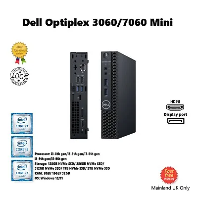 +DELL 3060 7060 Mini I7-8th 2TB SSD 32GB RAM HDMI DP VGA Desktop PC Win10 11 VAT • £169