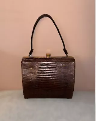 FABULOUS Vintage 50s Brown Alligator Crocodile Leather Purse Kiss Lock Handbag • $129.99