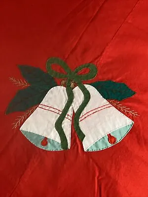 Vintage Red Cotton Embroidered Applique Christmas Bells Table Cloth 57” X 75” • $34.99