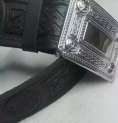 Black Leather Scottish Kilt Belt |  Highland Wear Chrome Buckle Thistle Celtic • £14.99