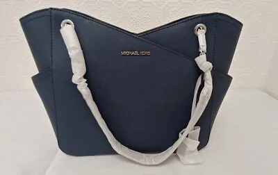 NWT Michael Kors Navy Blue Leather Jet Set Shoulder Zip Tote Bag Purse • $149