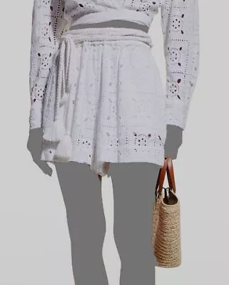 $400 Miguelina Women's White Lucina Patchwork Eyelet Self-Tie Shorts Size L • $127.98