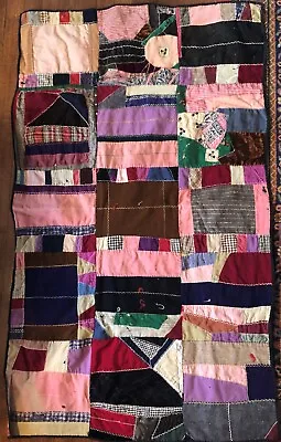 Antique Colorful Hand Sewn Patchwork Crazy Quilt Lap Quilt With Paisley Backing • $36