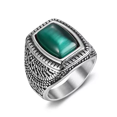 Mens Stainless Steel Green Stone Bold Ring Minimalistic Simple Antique Ring 7-15 • $10.99