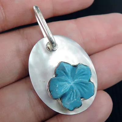 925 Sterling Silver Mother Of Pearl & Turquoise Resin Flower Pendant Jewellery • $1.75