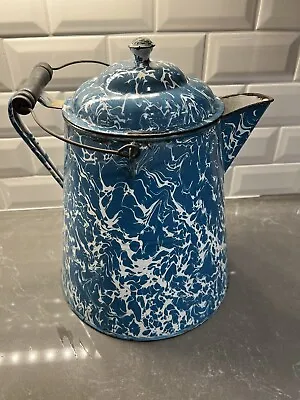 Vintage Antique Blue White Swirl Enamel Coffee Tea Pot Cowboy Kettle 11” Large • $85