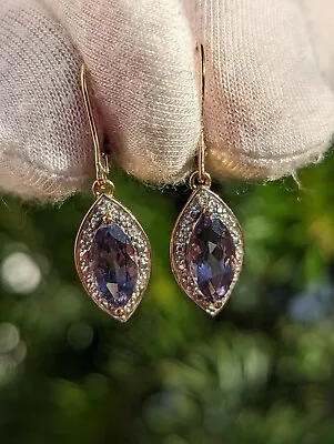 9ct Solid Yellow Gold Leverback Blueberry Quartz Earrings With Diamonds 375 / 9K • £140