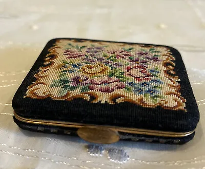 Vintage Petit Point Needlepoint Makeup Compact Mirror Victorian Vanity Tool • $24.99