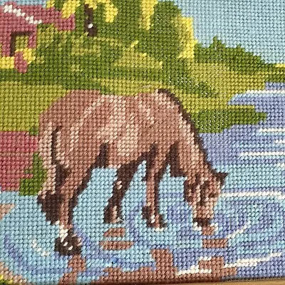 Vintage NEEDLEPOINT HORSE In Pasture FINISHED /Complete 15  X 12   Wood Frame  • $38