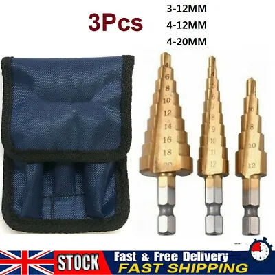 3PCS HSS Step Drill Bit Large Cone Titanium Bit Set Metal Hole Cutter+ Pouch Kit • £3.89