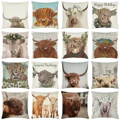18  Highland Cow Throw Pillow Case Floral Country Long Hair Cattle Cushion Cover • £5.26