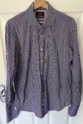 M&S Sartorial Shirt Mens Size 16  Long Sleeve Double Cuff Purple Stripes • £13.49