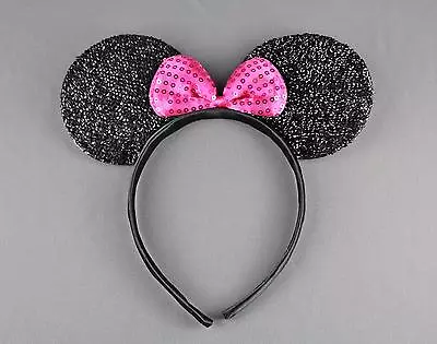 Black Sparkle Minnie Mouse Ears Headband Ear Hair Band Costume Mickey Sparkly • $5.98