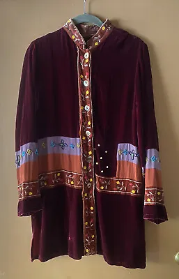 Citron Santa Monica Duster Jacket Kimono Burgundy Velvet Embroidered Beaded M • $65