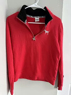 Y2K PINK VICTORIA'S SECRET Half Zip Sweatshirt Small Red With Dog Zipper Pull • $12