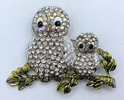 C2-869 Vintage Brooch Silver Pin 2.5  Enamel Crystal Bird Owl • $5.99