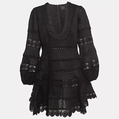 Zimmermann X Barneys Black Lace Trim Linen Tiered Mini Dress L • $396.90