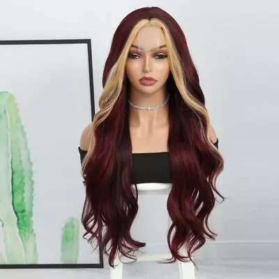 Burgundy With Blonde Long Wavy Wigs 2x6 Lace Front 100% Human Hair Wig Glueless • $109.99