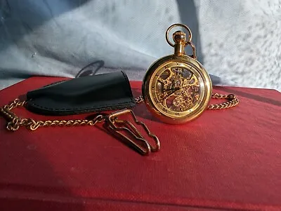 Mens Gold Skeleton Pocket Watch With Leather Holder • $45