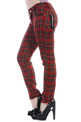 £36.99 • Buy Red Tartan Check Skinny Punk Emo Gothic Rockabilly Trousers Jeans BANNED Apparel