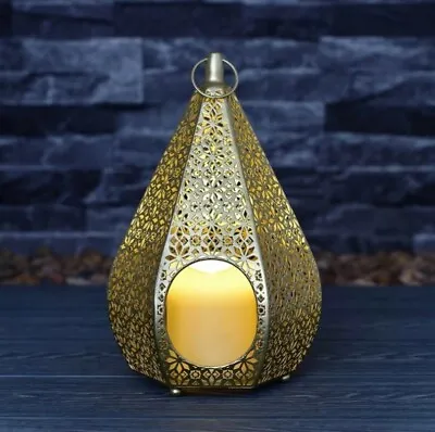 £21.95 • Buy 30cm Moroccan Solar Powered Hanging Gold Lantern Light Table Lamp Warm White LED