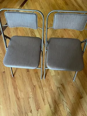  TWO Vintage 70's Samsonite Folding Chairs Wood Grain Thick Pads MCM Metal Seat  • $80