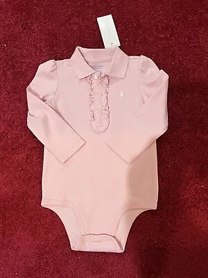 Ralph Lauren Girl's Pink Ruffles Neck Bodysuit Romper T-Shirt For 2 Years BNWT • £18.99