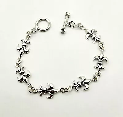 Vintage Fleur De Lis French Link Bracelet Sterling Silver 6.5  Long - 11.0g • $29