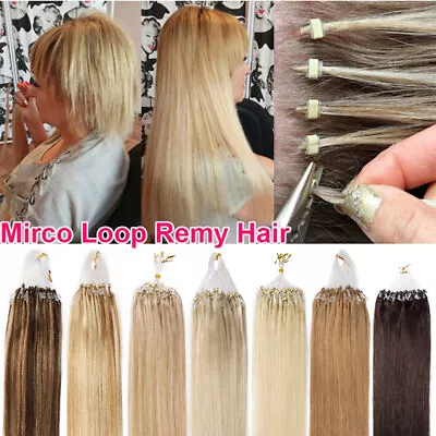 Micro Ring Loop Tip Remy Human Hair Extensions Straight Micro Beads Link 200PCS • $36.40