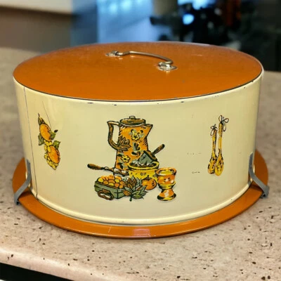 $12.99 • Buy Decoware Cake Carrier 11” Round Vintage Metal Tin Orange Brown Country USA