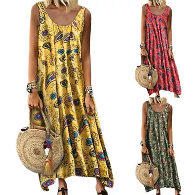 Summer Sleeveless Women Holiday Long Boho Kaftan Tank Dress Maxi Sundress Beach • £13.42