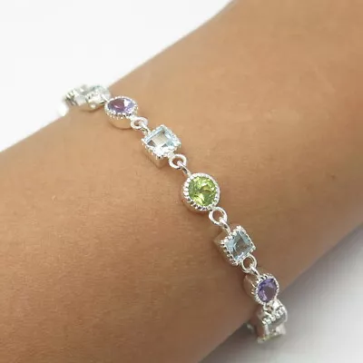 HAN 925 Sterling Silver Amethyst Peridot Blue Topaz Gem Tennis Bracelet 6.75  • $69.99