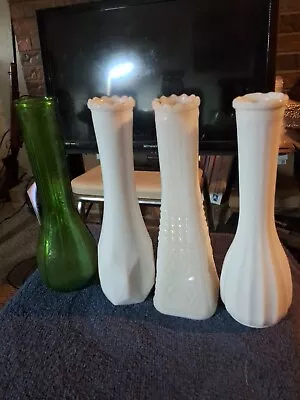 Vintage Bud Vase Collection 3 Milk Glass 1 Ribbed Emerald • $15